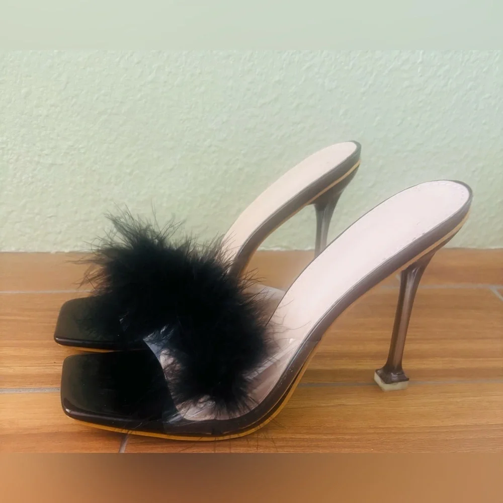Women's Black Feather Stiletto Heels with Square Toe Size: 42/ US 10/10.5 - Picture 3 of 5